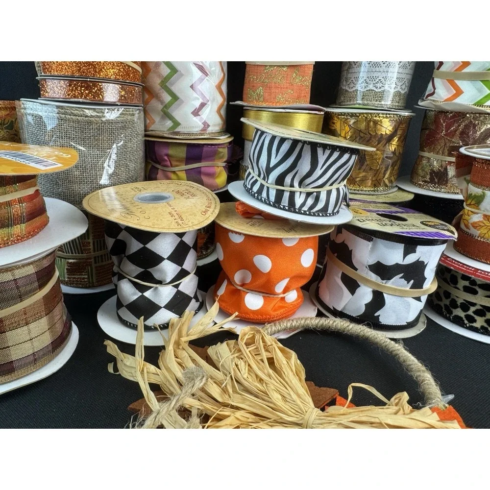 Lot Of 30+ Fall/Halloween Craft Wired Ribbon New & Used